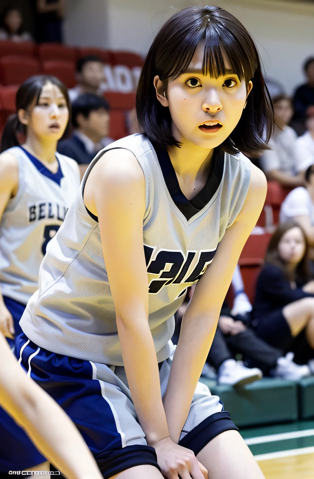 Kamimei、Breakdown、Lori face、a baby face、small tits、short-hair、Wolfcut、Straight face、middle school girl、basketball、players、Shoet、Sweating、During the match