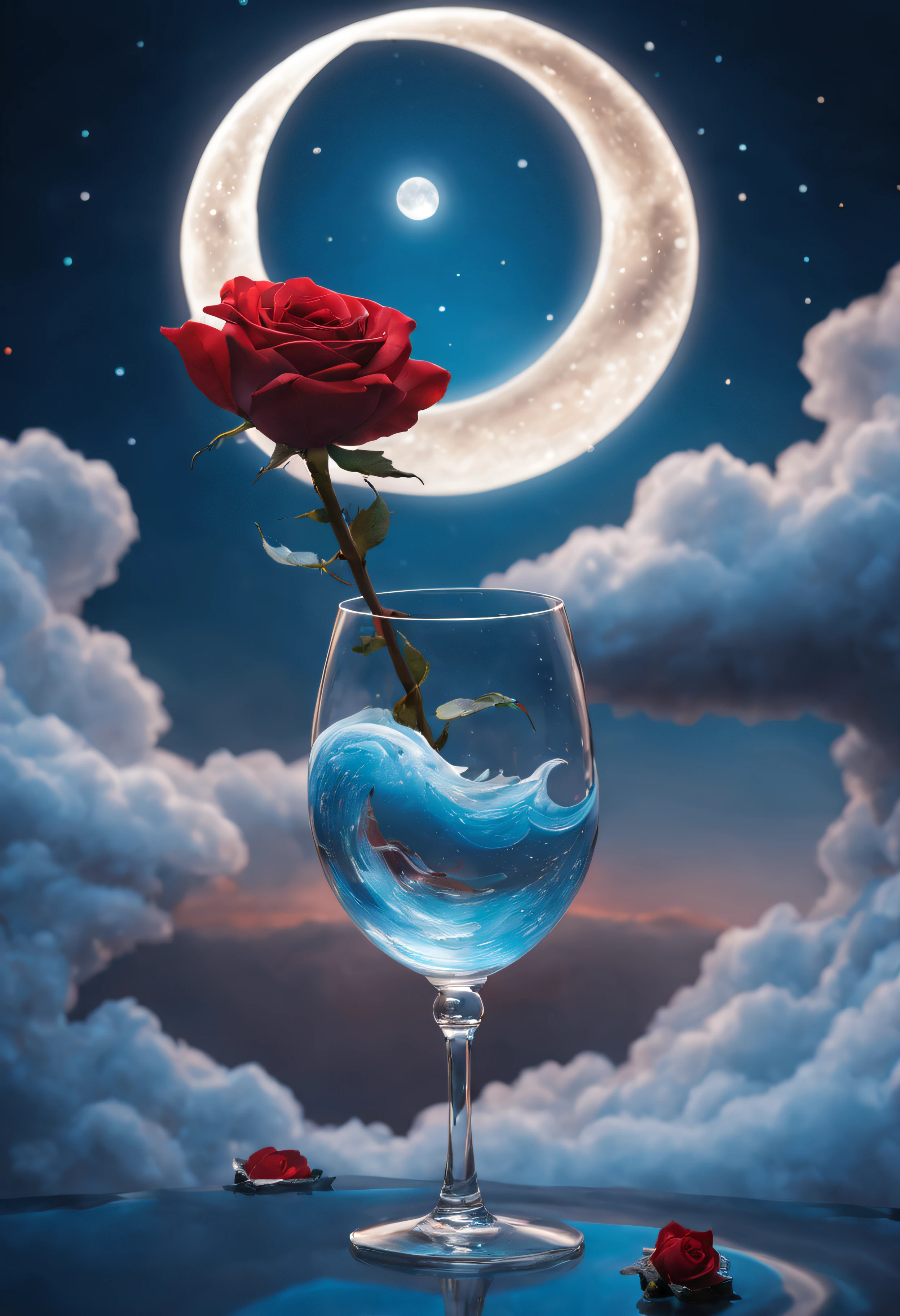 azure river flows in the clouds,beautiful realistic glass crescent without overexposure in the clouds ,Decorated with flowers,early glass moon,glass crescent covered,scarlet roses grow on it,entwined with flowers,magic glass crescent,Magical energy,The sky is dark,a closeup of a, high quality 32k ,high detail,f/35mm