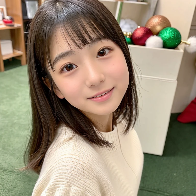An ultra-high picture quality、Perfect Photo、japanes、japanese beauty girl、15yo student、((((directly in front))))、White sweater、Poke the cheek cane、Christmas Indoor、bobhair、Open your mouth a little、
