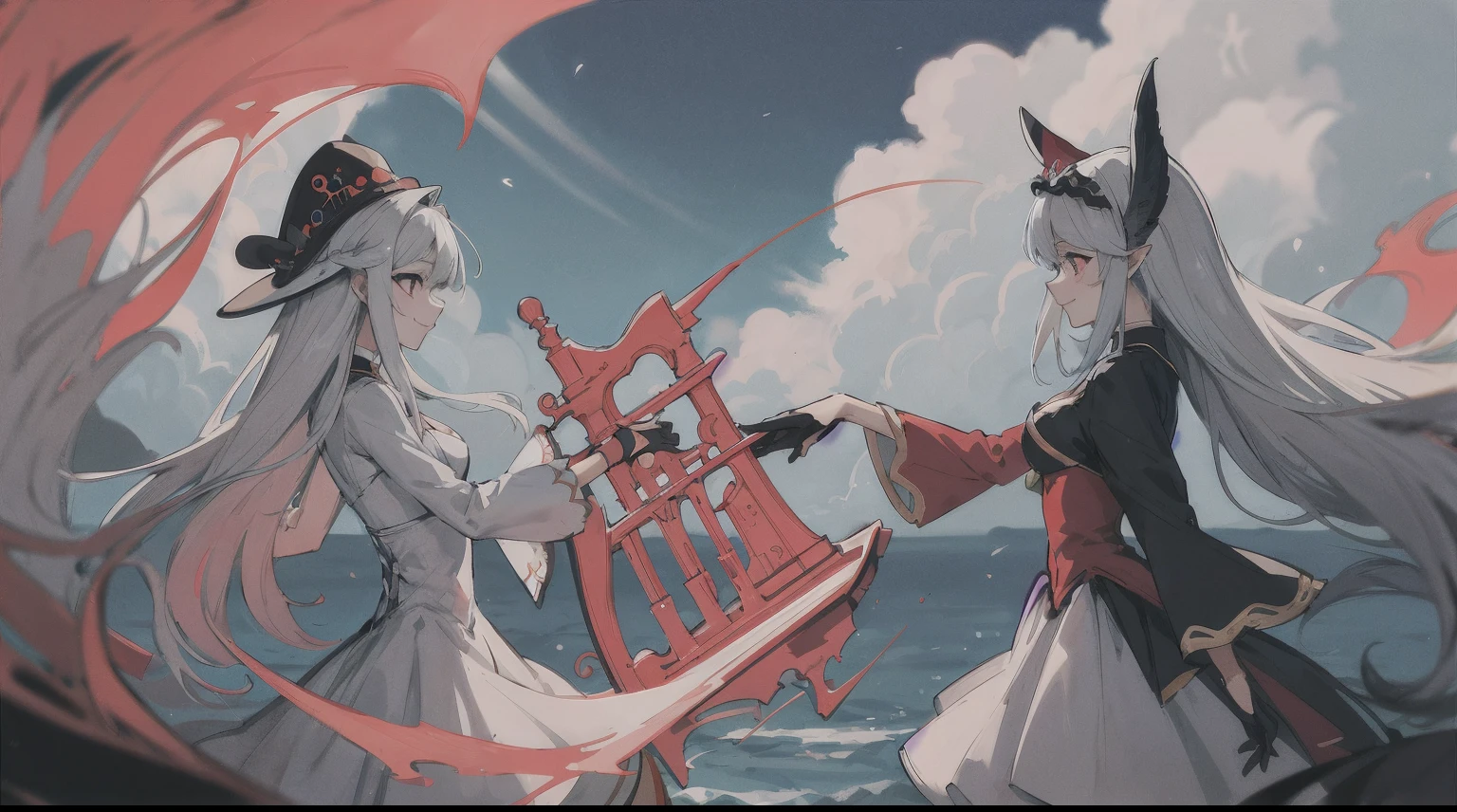 ((tmasterpiece:1.4,Best quality))+,(hyper-detailing)+,(Ultra-detailed eyes)+,(winged ears:1.5),
(cute girls),15year old,(dark red eye:1.15),Long gray hair,long braid,Bushy hair(wariza:1.2),pale-skinned,ssmile,a smile
(She wears conservative blue, red and black dress,red case,Lots of fluff:1.5),(Black gloves:1.4)The sleeves are long,
black earring ballad,coral flower,gem jewelry,Ocean of fish and trees,Red witch hat,Conch headdress,harp,sing,Fish flocking decoration,Place your hands behind your back,Turn your head forward,
(Fishtail:1.1),
(dawn light:1.2),
(Thick black and white:1.16),(depth of fields:1.4)Complicated details,color mixing,Detailed route,Excellent,super detailing,The content very detailed,(hight contrast:1.11),ventania,Amazing Cleavage,beautidful eyes,messy hair,(best illuminate,Extremely Delicately Beautiful), ((movie light lighting)), (seen from the side:1.3),8K,tmasterpiece,Best quality,cinematic Film still from,1 plump girl,floating in sky,Intertwined clouds,cloud,(closeup cleavage:1.1),bright,cheerful,Interesting,gentlesoftlighting,(bauhause,shape,line engineering,Abstract:1.1)offcial art, Unity 8k壁纸, ultra - detailed, Beautiful and beautiful, tmasterpiece, Best quality, (dynamic angle:1.4),romantic depth of field exotic_dances,Perfect NwsjMajic,(tmasterpiece,quality,Best quality,offcial art,Beauty and aesthetics:1.2),The content very detailed,rich colourful,highest details,