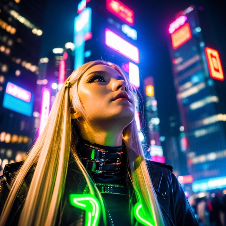 A girl with long blonde hair wearing a cyberpunk costume looks up at a neon-filled skyscraper street、near future、Best Quality、Top image quality、