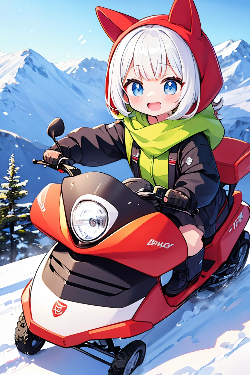 (masterpiece),(a little Girls , cute type)(children),chibi,She's riding on a snowmobile,sliding down a snowy mountain、Happy look、细致背景