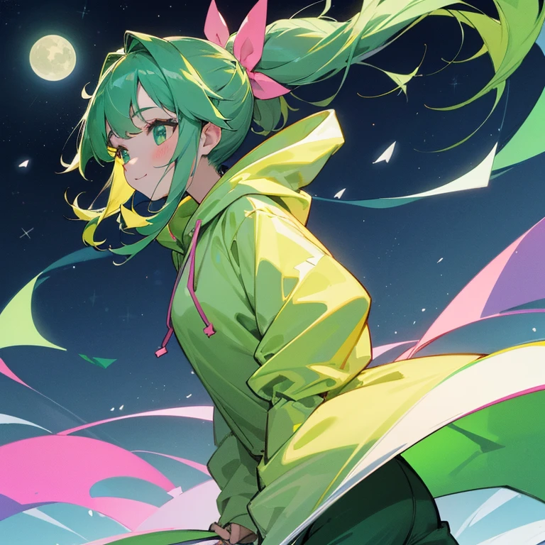 a girl,mankind,Usual,Human ear,Healthy white skin,Plain clothe,Green winter clothes,Green hoodie,Green long pants,Everyday clothes,The average person,Dark green hair,Ponytail with pink ribbon,verdant,Pink ribbon,Gentle,huge smile,独奏,high-level image quality,hightquality,Best Quality,cute little,发光,Winters,a moon,night sky full of stars,Aurora,Looking Ahead