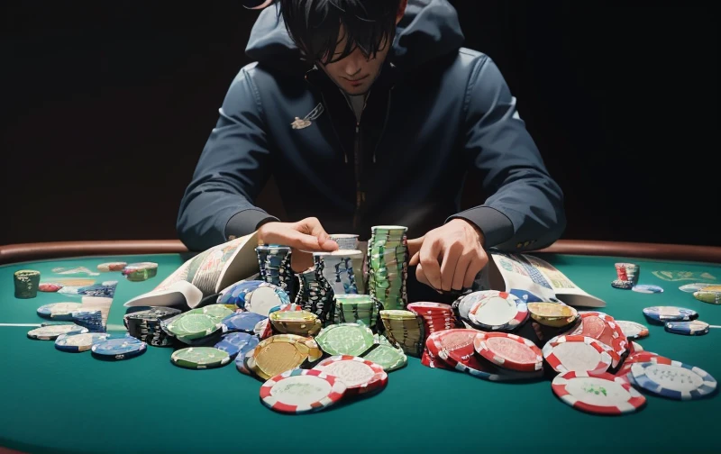 A stylish man playing poker on a stylish table, playing poker, wsop, gambling, world series of poker, gambles like no one, poker card style, lecture halls, and gambling dens, back of hand on the table, poker, online casino logo, holds playing cards, the card player man, with piles of coins around it, gamin, beautiful image, full HD, high quality, ultra-high detail. Beautiful poker chips, ultra-detailed, good replication!