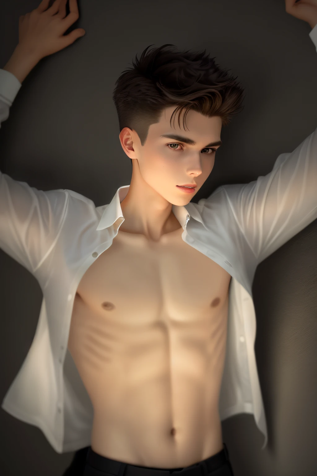 ung man, 30 years old, short brown hair, quiff, light-medium skin, slim body, white long sleeve shirt, open shirt, unbuttoned shirt, arms outstretched, spread arms, t pose, tied, bondage, pain, night, dark room, upper body shot, dark background, wall background