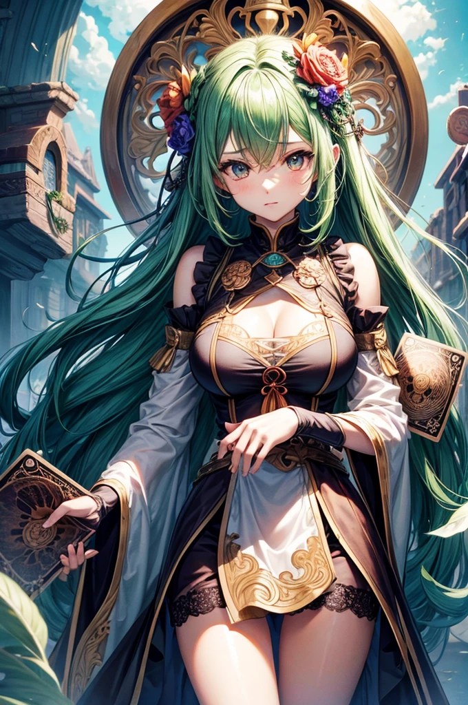 (masutepiece, of the highest quality, Best Quality, Official art, Beautiful and aesthetic:1.2), (1girl in:1.3), (Fractal Art:1.3), The card, tarot, Green hair, Twin braids, Hair Flower, (good lighting:1.1), ((hight resolution)), Tarot card style, (Very big breasts),