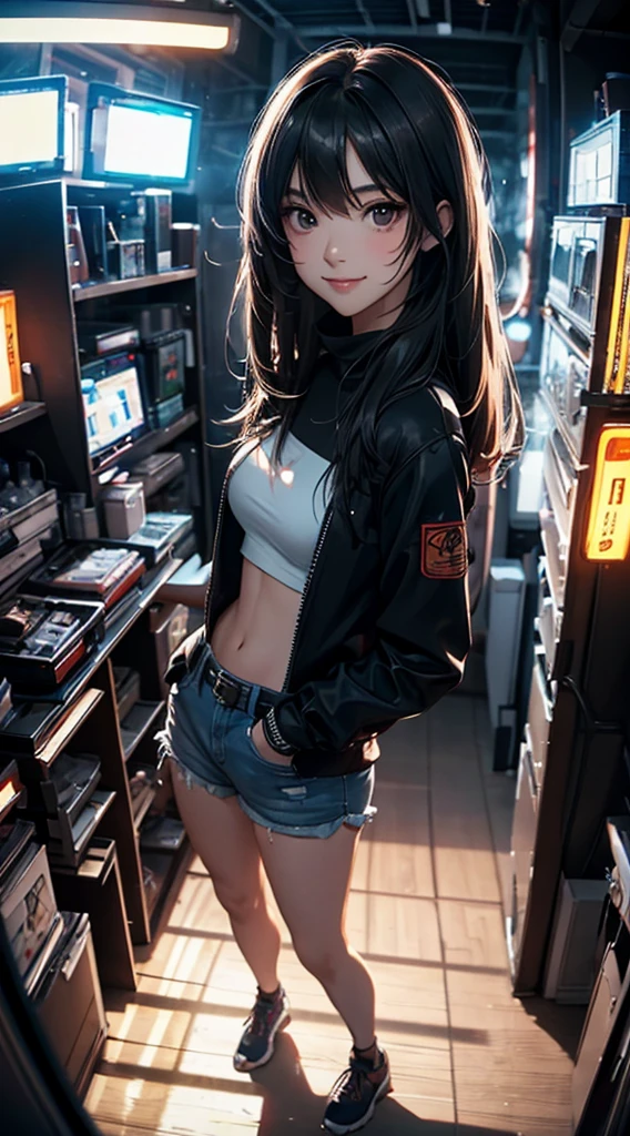 ((8k wallpaper of extremely detailed CG unit, masterpiece, hight resolution, top-quality)), (Beautuful Women, Smile, Hands in pockets:1.8, Grunge Fashion, wearing futuristic clothing:1.2, Wearing micro mini shorts:1.2, Wearing sneakers:1.1), ((extra detailed face, Highly detailed black eyes, extra detailed body, Top quality real texture skins)), (A dark-haired, hair messy, de pele branca), (building indoors, glowing neon), (high-angle:1.2, Fisheye:1.3), hyper realisitic, digitial painting,