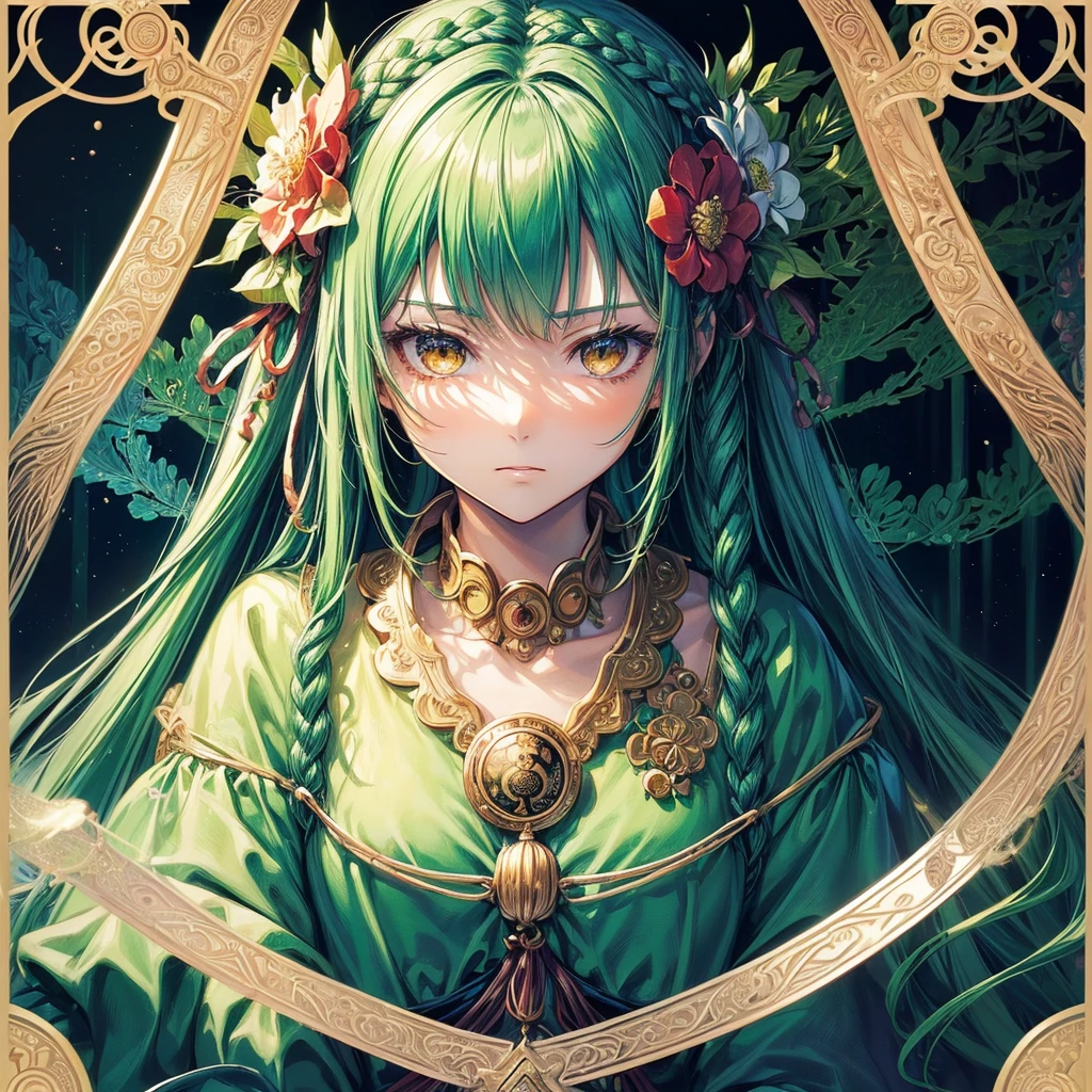 (masutepiece, of the highest quality, Best Quality, Official art, Beautiful and aesthetic:1.2), (1girl in:1.3), (Fractal Art:1.3), The card, tarot, Green hair, Twin braids, Hair Flower, (good lighting:1.1), ((hight resolution)), Tarot card style