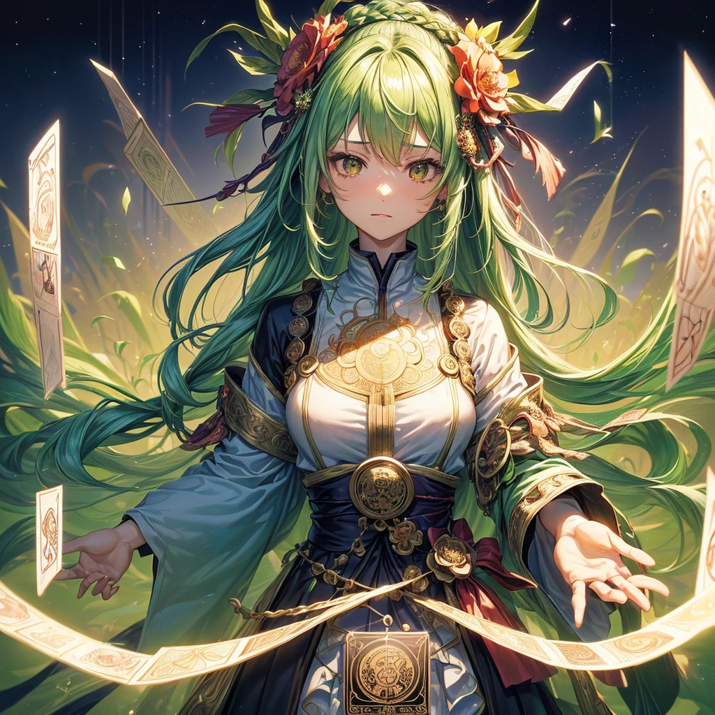 masterpiece、highest quality、1girl , solo , huge breasts、deep cleavage、light green hair、ponytail、fox ears、brightly colored eyes、blue eyes、black glasses、green kimono、light purple long hakama、brown leather jacket、leather boots、flashy necklace、charm、Wet、face turns red, very sweaty, dynamic pose、standing