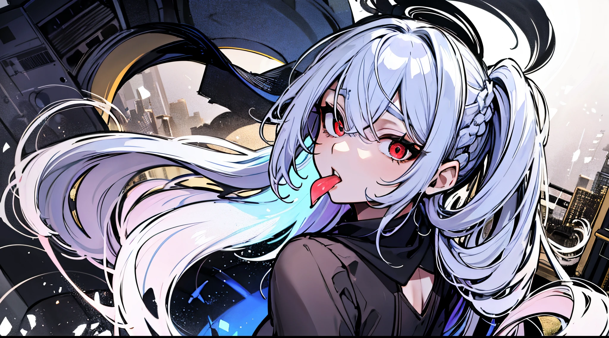 ((tmasterpiece:1.4, Best quality at best))+, (hyper-detailing)+, (exquisite red eye:1.5)+, (Detailed ears:1.5), (cute girls), (The shirt,a white long skirt:1.5), Tight white silk, Short hair details, long braid,biting pigtails,no headwear,(Black flowers:1.2), pale-skinned, (white cloth:1.5), (Black Martin boots:1.4), modern ,Surrounded by huge black trees, The whole city shrouded in thick fog,Mechanical construction,Railcars,Giant black crystals are scattered throughout the city,Looking up at tall buildings from the street,Flying dust,(:1.1), (dawn light:1.2), ), (closeup cleavage:1.1), the only person, bell, bright blue hair, hair covering one eye, V-shaped eyebrows, Gloom (Expressing the), from back, from the above, Best quality at best, A high resolution, high detal, high high quality, 16k