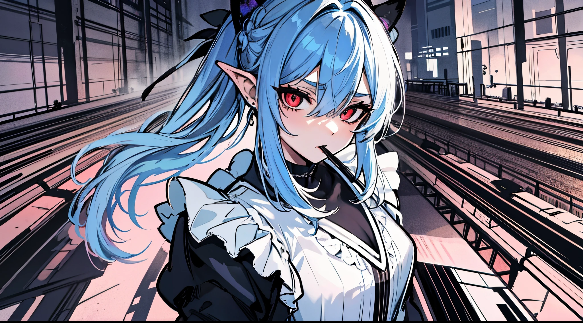 ((tmasterpiece:1.4, Best quality at best))+, (hyper-detailing)+, (exquisite red eye:1.5)+, (Detailed ears:1.5), (cute girls), (The shirt,a white long skirt:1.5), Tight white silk, Short hair details, long braid,biting pigtails,no headwear,(Black flowers:1.2), pale-skinned, (white cloth:1.5), (Black Martin boots:1.4), modern ,Surrounded by huge black trees, The whole city shrouded in thick fog,Mechanical construction,Railcars,Giant black crystals are scattered throughout the city,Looking up at tall buildings from the street,Flying dust,(:1.1), (dawn light:1.2), ), (closeup cleavage:1.1), the only person, bell, bright blue hair, hair covering one eye, V-shaped eyebrows, Gloom (Expressing the), from back, from the above, Best quality at best, A high resolution, high detal, high high quality, 16k
