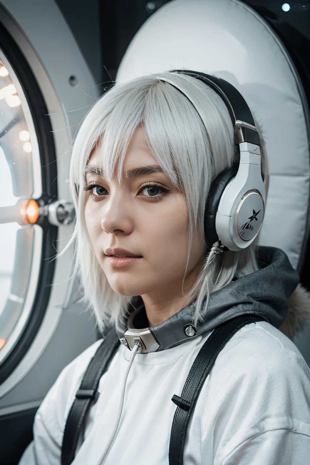 space fighter, Japanese girl, planet, wolf cut white hair, headphone with microphone