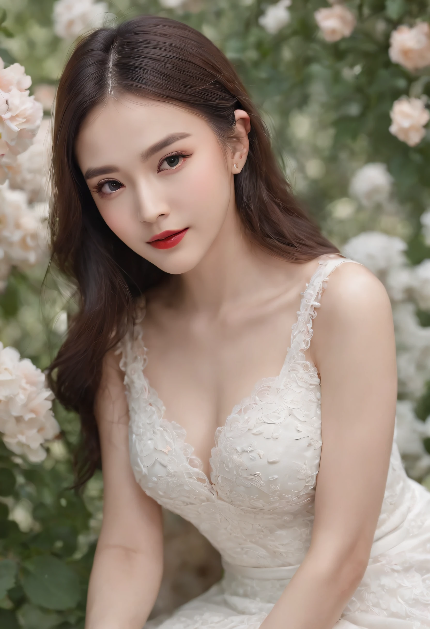 (Best Quality,4K,hight resolution,RAW photo), Garden background,A hundred flowers compete for spring,A Chinese girl with beautiful long black hair,Perfect facial features,Sweet smiling,Beautiful big watery eyes,Double eyelids and long eyelashes,Redlip,Perfect lip shape,Perfect eyebrow shape,White skin of the,Delicate collarbones,Wearing a white dress with a lace-trimmed embroidery with delicate embroidery,facing to audience,Pure lust,plumw,perfect bodies,detail-rich,8k,Works of masters,