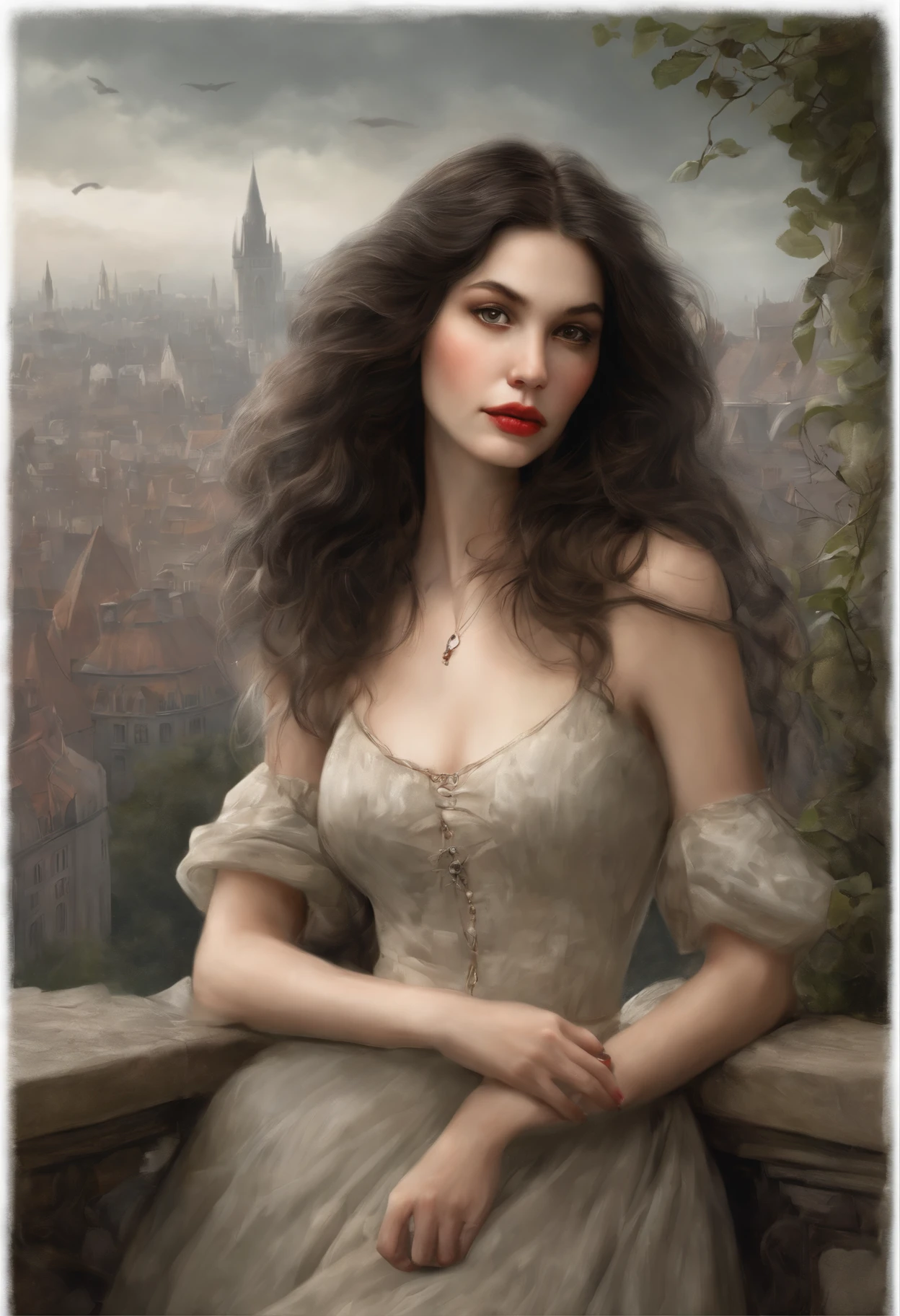 真实感, dark fantasy style, John Tolkien style, Small painting by Jean-Baptiste Monge, Soft facial features, Rocker Girl, Human Hand, Very clear, Without flaws, five fingers, Bright make-up, in a tight short red dress, slight excess weight, Average height, dark pink lips, thin lip shape"bow" ,"Cool eyebrows in the shape of Angryburts, light gray eyes, almond-shaped eyes, looking at away, black long wavy hair, large strands of hair fluttering in the wind , pug nose, Human Hand, Very clear, Without flaws, five fingers, ,In a short dark leather fitted dress with a cutout........, Predatory gaze, stands on the balcony, clouds, lots of flowers, Morning City, megalopolis, city trail, big house, glass skyscraper Jean-Baptiste Monge, anthropomorphic --ar 2:3 --testp -optimistic;