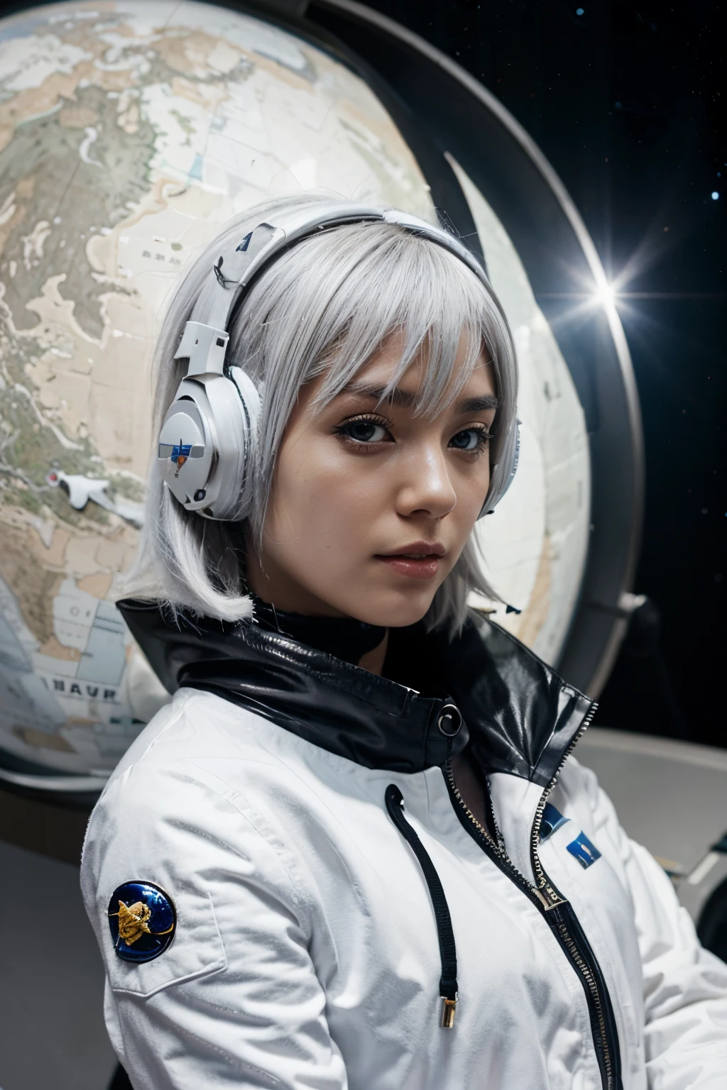 space fighter, Japanese girl, planet, wolf cut white hair, headphone with microphone