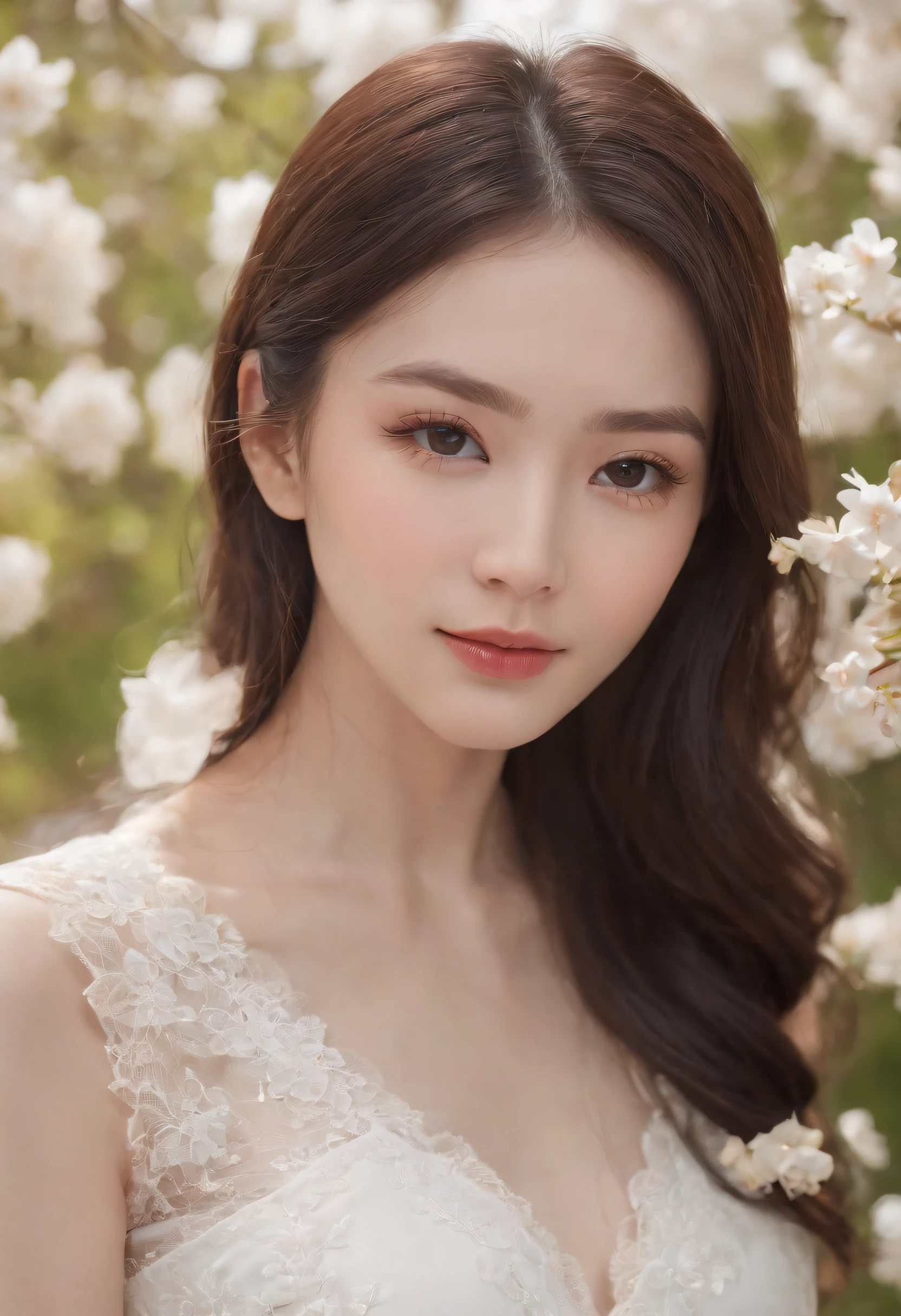 (Best Quality,4K,hight resolution,RAW photo), Garden background，A hundred flowers compete for spring，A Chinese girl with beautiful long black hair，Perfect facial features，Sweet smiling，Beautiful big watery eyes，Double eyelids and long eyelashes，Redlip，Perfect lip shape，Perfect eyebrow shape，White skin of the，Delicate collarbones，Wearing a white dress with a lace-trimmed embroidery with delicate embroidery，facing to audience，Pure lust，plumw，perfect bodies，detail-rich，8k，Works of masters，