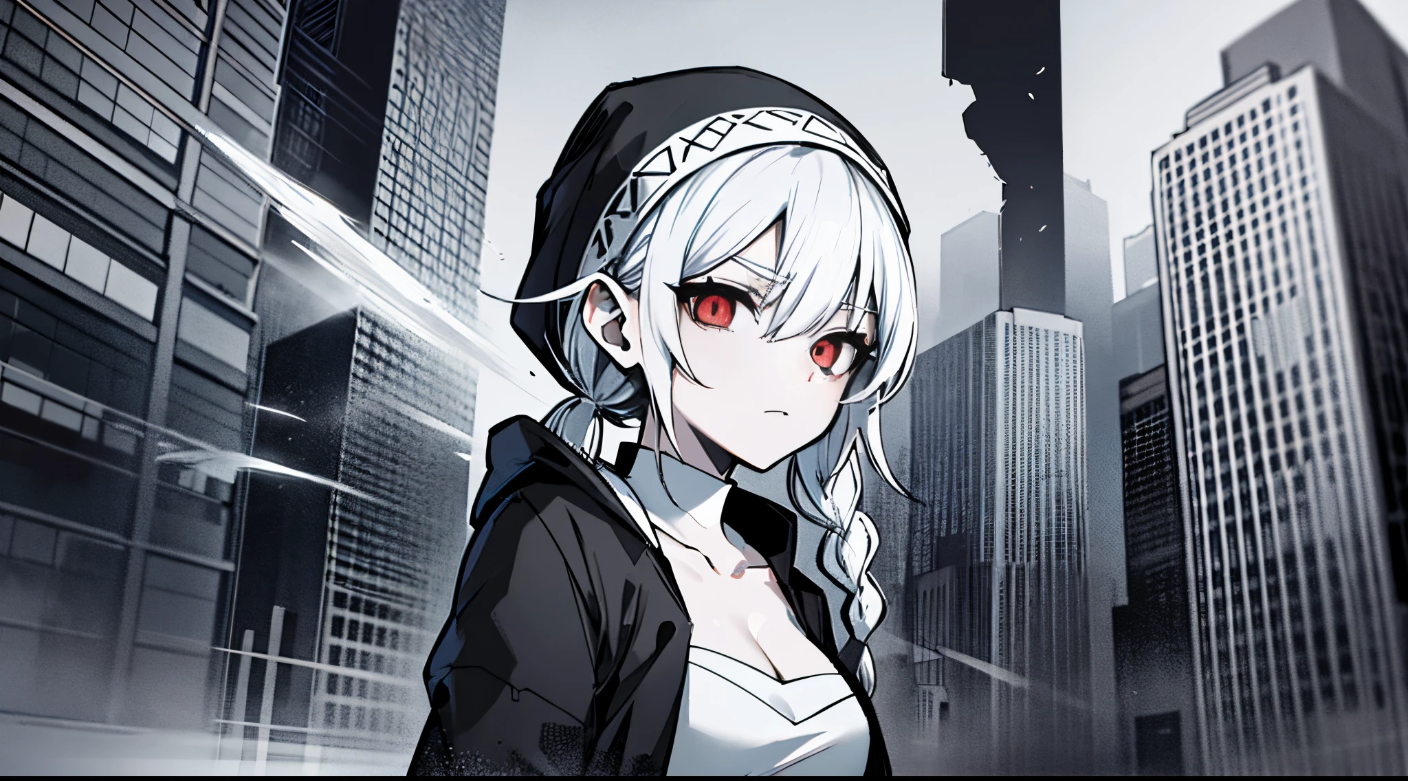 ((tmasterpiece:1.4, Best quality at best))+, (hyper-detailing)+, (exquisite red eye:1.5)+, (Detailed ears:1.5), (cute girls), (The shirt,a white long skirt:1.5), Tight white silk, Short hair details, long braid,biting pigtails,no headwear,(Black flowers:1.2), pale-skinned, (white cloth:1.5), (Black Martin boots:1.4), modern ,Flock of Birds,Surrounded by huge black trees, The whole city shrouded in thick fog,Mechanical City,Giant black crystals are scattered throughout the city,Looking up at tall buildings from the street,Flying dust,(white headscarf:1.1), (dawn light:1.2), ), (closeup cleavage:1.1), the only person, Dark black hair, hair covering one eye, V-shaped eyebrows, Gloom (Expressing the), from back, from the above, Best quality at best, A high resolution, high detal, high high quality, 16k
