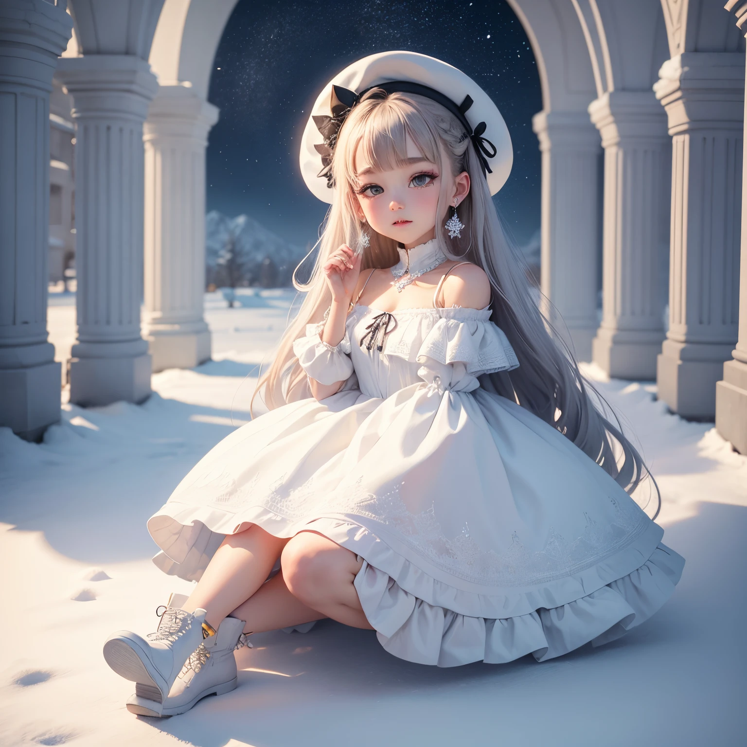 ​masterpiece、top-quality、ultra-detailliert、（（（chibi3d））） （best quality）， （masterpiece）one daughter of：1.2）、white fluffy elegant hat、White fluffy off-shoulder dress、Snowflake earrings、White braided boots、snowflakes falling、Blurring、Snow World