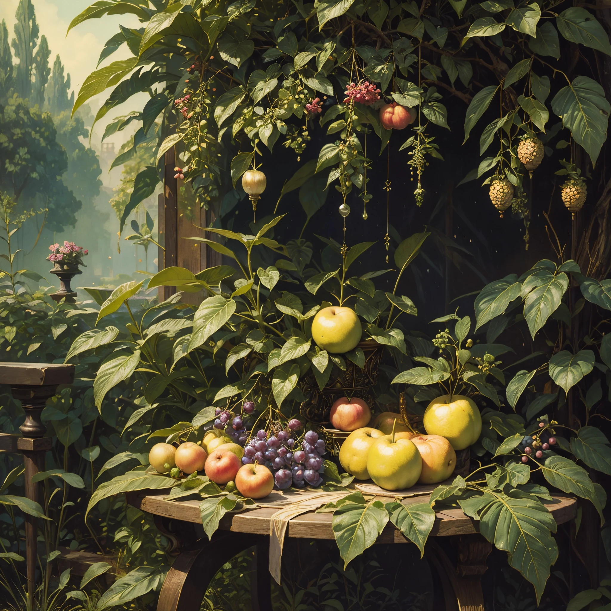 Vintage Victorian style　Precise vintage encyclopedia (best quality:1.2), (detailed:1.2), (masterpiece:1.2), vintage illustrations of fruit garden, fruits, botanical, ((without people)) ((nobody)) iridescent light, raindrops, sunny day, still life, nature