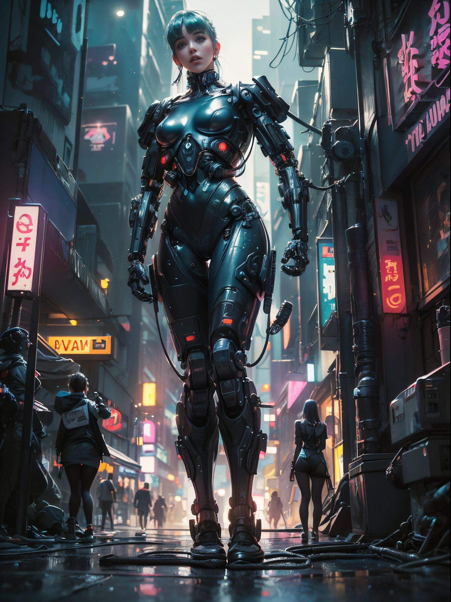 ((Masterpiece stunning Anime illustration)), ((((2 beautiful cybernetic Cyberpunk girl standing together)))), (((2 girls))), ((highly detailed face)), ((mechanical limb, mechanical vertebrae)), ((mechanical cervical attaching to neck)), (wires and cables attaching to neck:1.2), ((mass of wires and cables on head)), ((wearing colorful Harajuku tech jacket with logo)), (dynamic pose), ((cowboy shot)), (masterpiece), (((best quality))), ((ultra-detailed)), (highly detailed illustration), cinematic lighting, science fiction, extremely detailed,colorful,highest detail, (((cyberpunk city background, (Blade Runner), Harajuku district))), NSFW