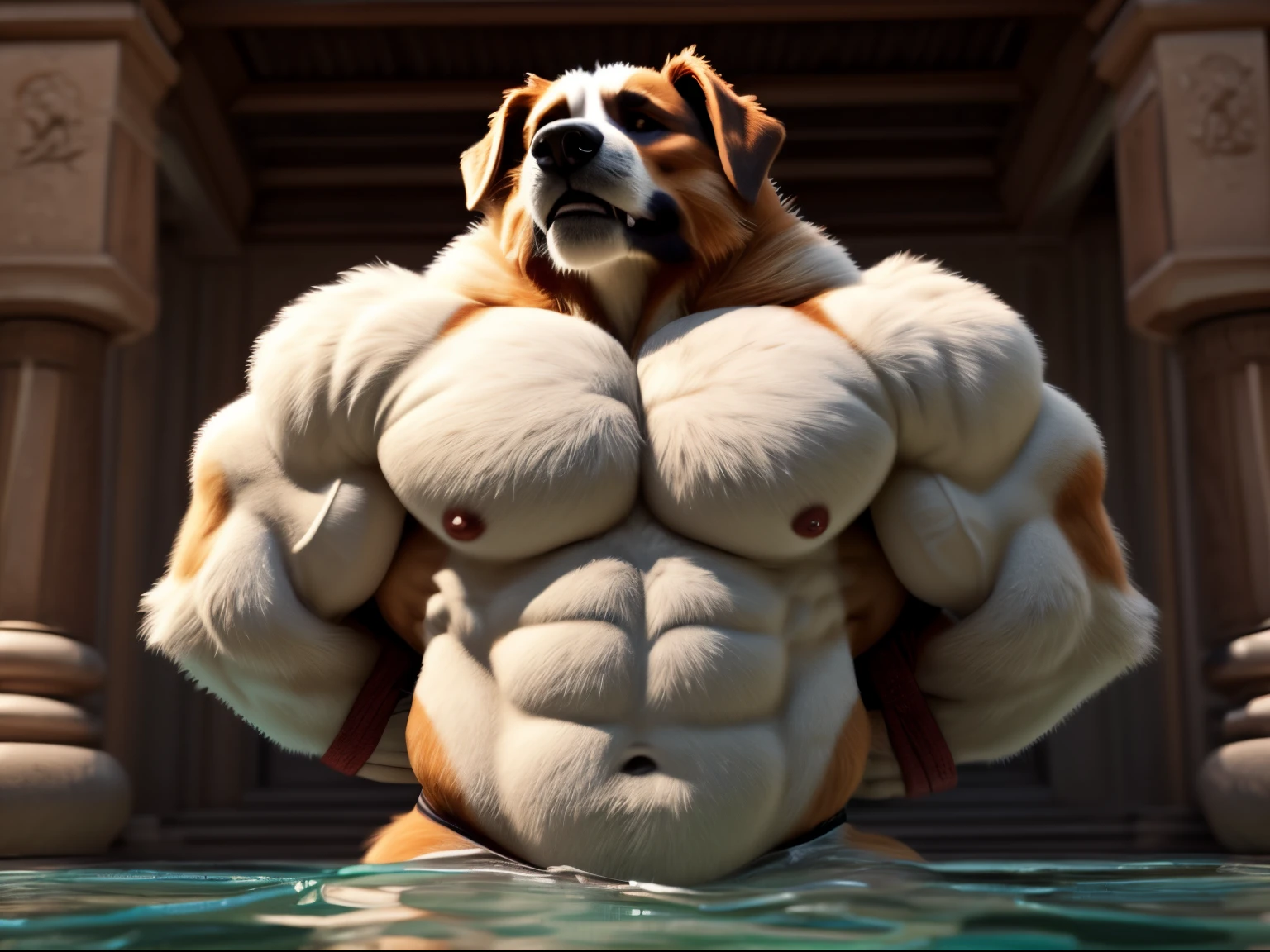 photorealistic,detailed fluffy fur, dog,sharp,best quality,detailed eyes,big teeth,5 fingers,chubby,,beefy,(muscular:1.3),detailed teeth, Anthro (saint bernard:1.1),chest turning away,realistic nipples, ,wet fur,stuck in heavy cream pool,whipped cream ,(arms behind back:1.9),(big pecs:1.3)(muscular arms:1.4),curious expression, exterior, cloudy, daylight