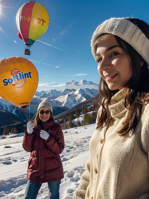 Winter, Hot Women, mountain, Balloons, Sun