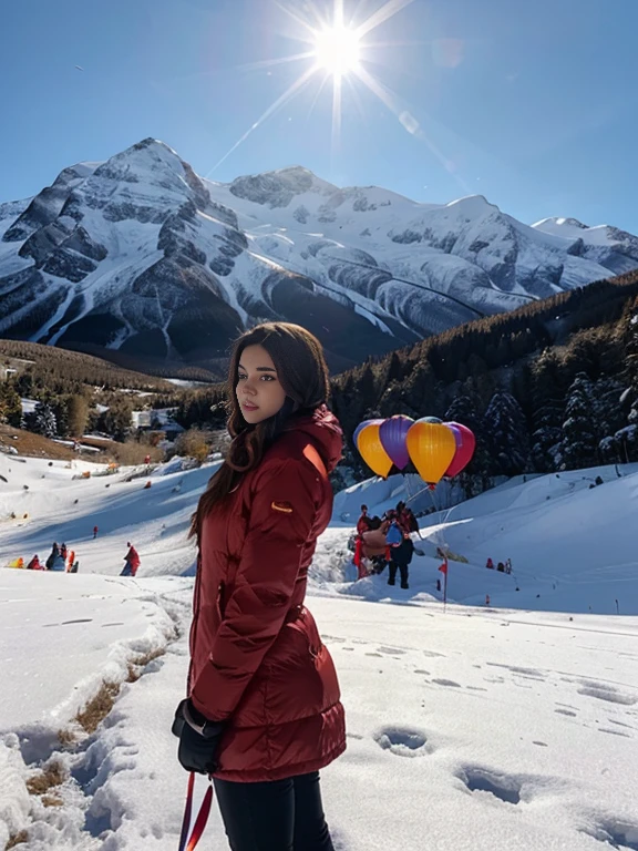 Winter, Hot Women, mountain, Balloons, Sun
