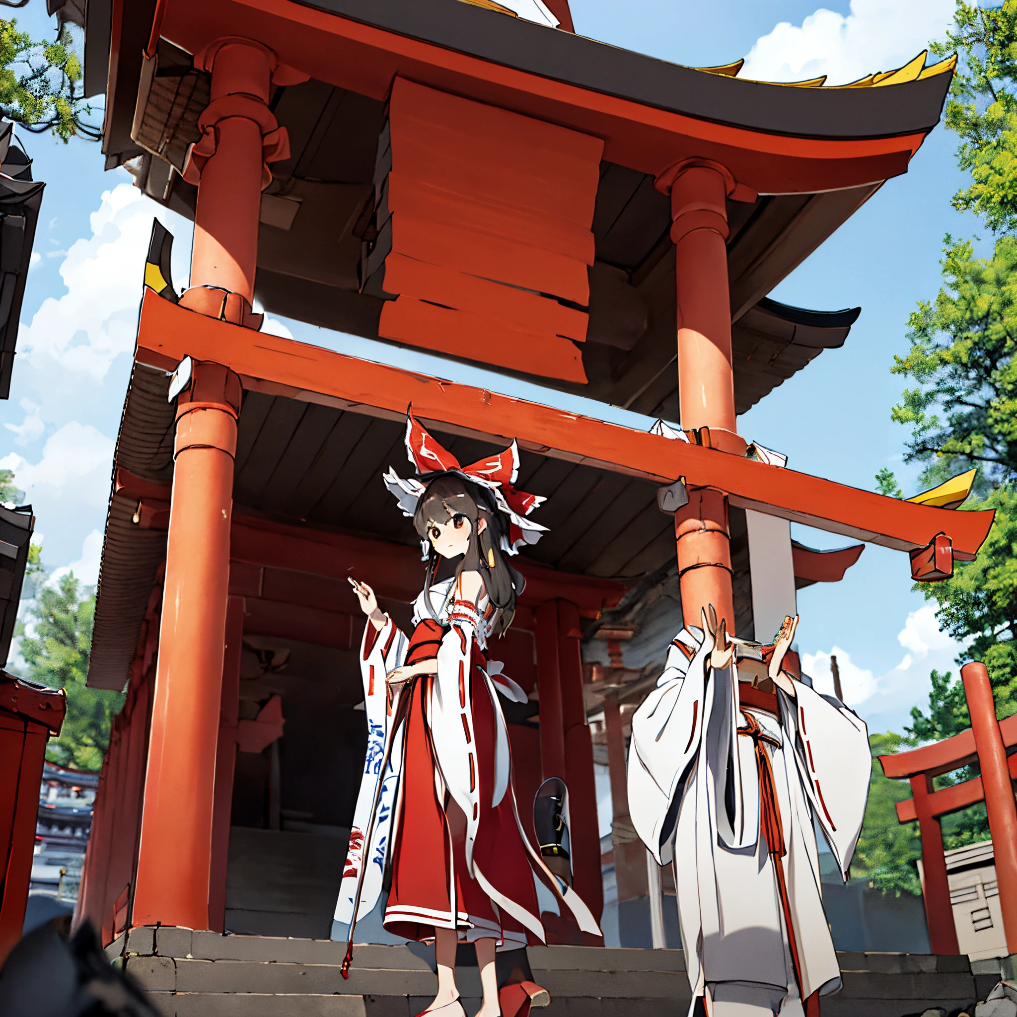 Next to the torii gate of the temple,There stood a witch wearing red and white trousers,Her name Reimu Hakurehe's a human miko from Gensokyo.,