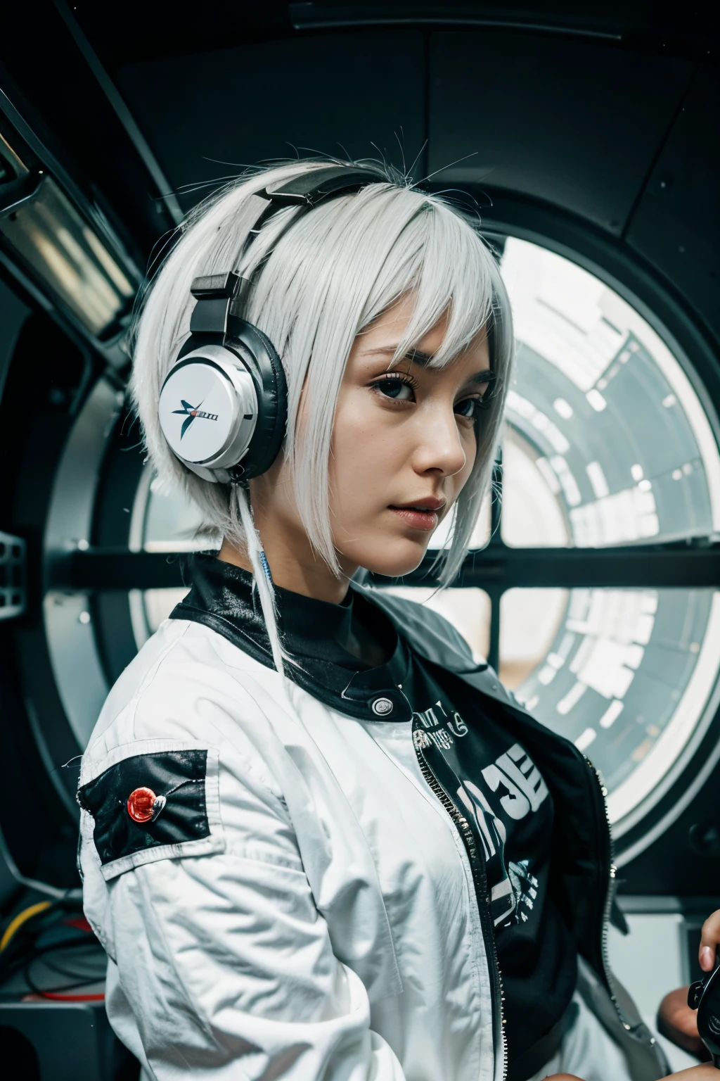 space fighter, Japanese girl, planet, wolf cut white hair, headphone with microphone
