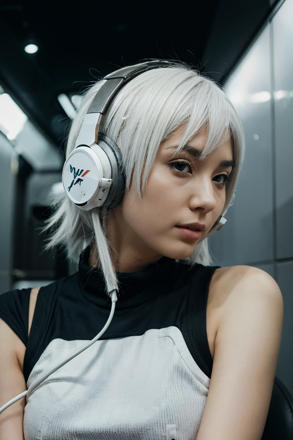 space fighter, Japanese girl, planet, wolf cut white hair, headphone with microphone