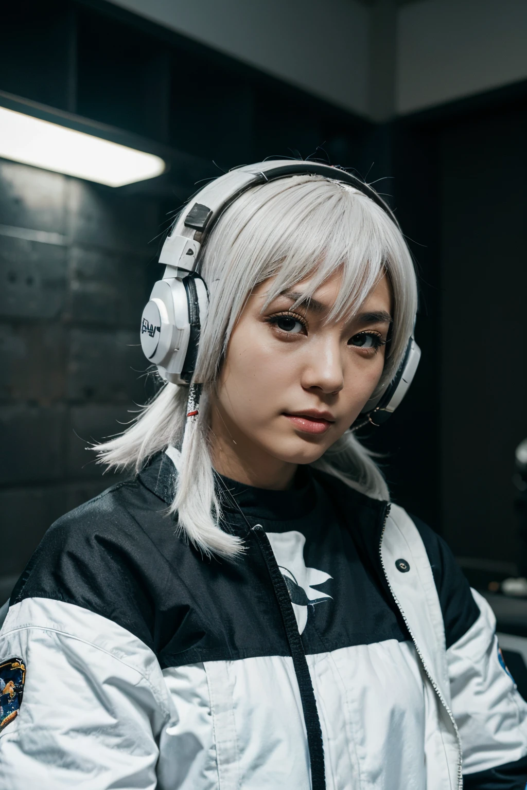 space fighter, Japanese girl, planet, wolf cut white hair, headphone with microphone