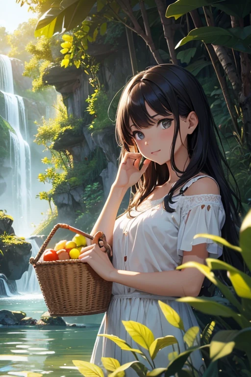 paisagem, water, (papel de parede 8k de unidade CG extremamente detalhado), obras de arte mais bonitas do mundo, professional majestic oil painting, intrincada, alto detalhe, foco nítido, dramatic and photorealistic painting art with a beautiful girl in the field, fofa, com cesta de frutas