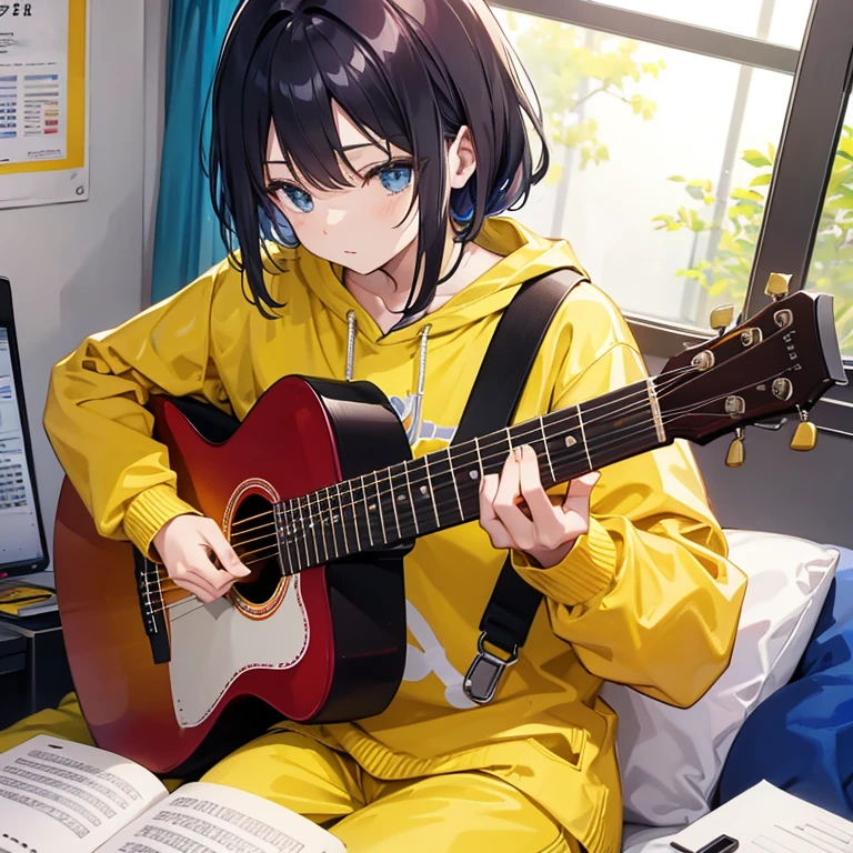 wearing a yellow sweatshirt、JINS、playing folk guitar while sitting、Making music on my iPad