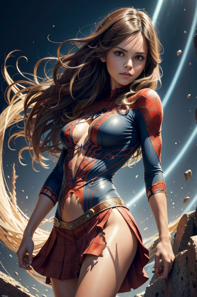 "Rachel Bilson, showing her belly button, In New York, wearing a torn spiderman suit, Wearing a skirt, abstract photorealistic, artistic, Alphonse Mucha'Masterpieces of painting, Best Quality, High resolution:1.4), Detailed, Intricate details, 4K, color splashes, line-drawing, Fibonacci, hight resolution, Vibrant colors, with fantasy background, Female features'Flowing hair and dramatic light rays.."