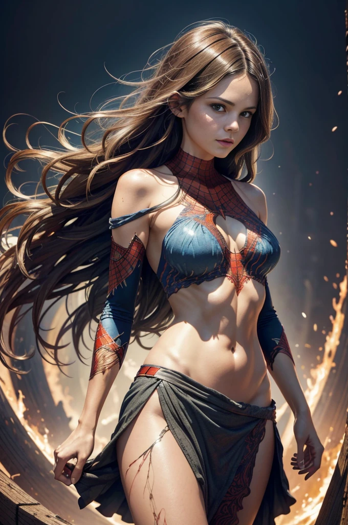 "Jennifer Love Hewitt, showing her belly button, In New York, wearing a torn spiderman suit, Wearing a skirt, abstract photorealistic, artistic, Alphonse Mucha&#39;Masterpieces of painting, Best Quality, High resolution:1.4), Detailed, Intricate details, 4K, color splashes, line-drawing, Fibonacci, hight resolution, Vibrant colors, with fantasy background, Female features&#39;Flowing hair and dramatic light rays.."