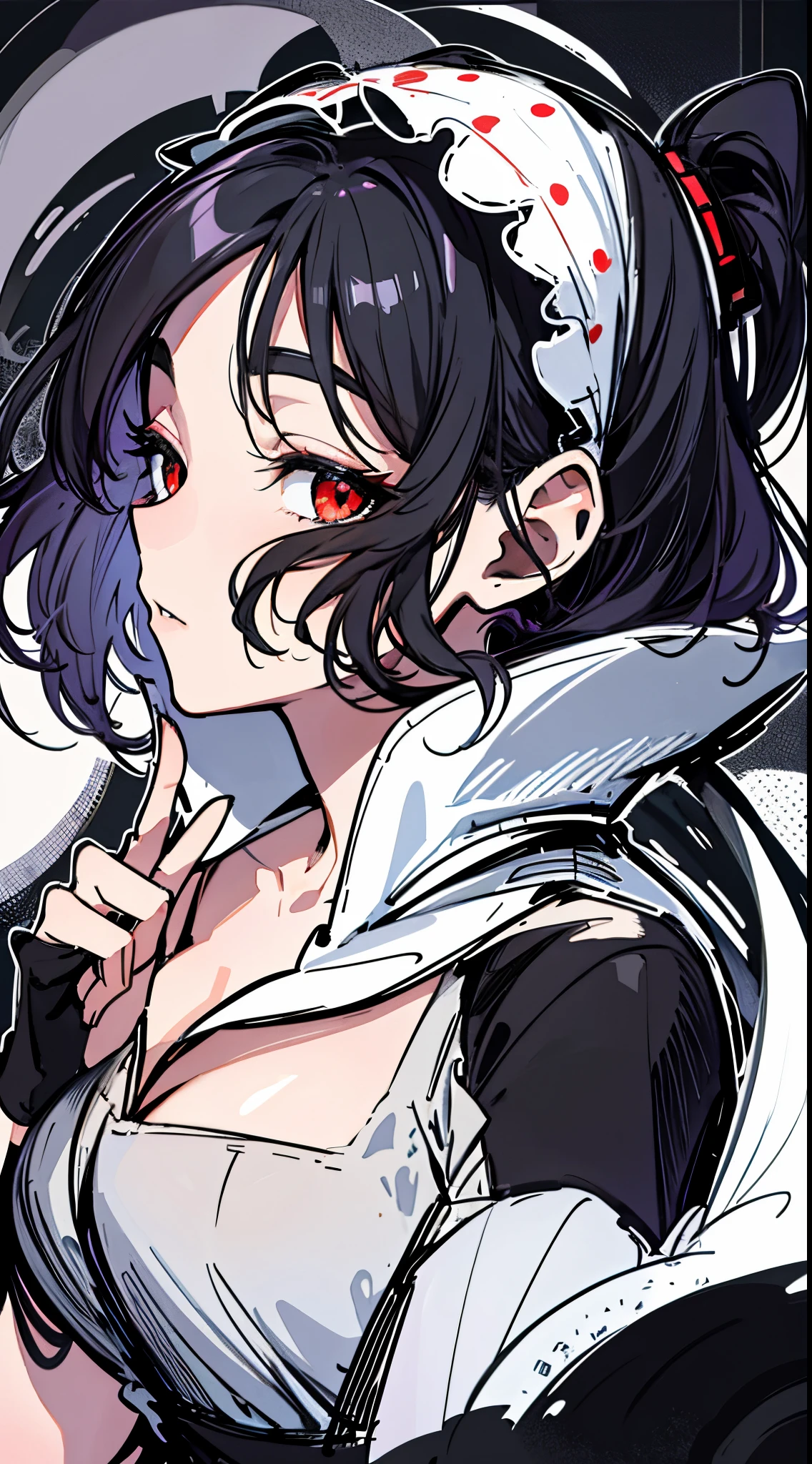((tmasterpiece:1.4, Best quality))+, (hyper-detailing)+, (exquisite red eye:1.5)+, (Detailed ears:1.5), (cute girls), (The shirt,a white long skirt:1.5), Tight white silk, Short hair details, long braid,biting pigtails,no headwear,(Black flowers:1.2), pale-skinned, (white cloth:1.5), (Black Martin boots:1.4), modern ,Flock of Birds,Surrounded by huge black trees, The whole city shrouded in thick fog,Mechanical City,Giant black crystals are scattered throughout the city,Looking up at tall buildings from the street,Flying dust,(white headscarf:1.1), (dawn light:1.2), ), (closeup cleavage:1.1), the only person, Dark black hair, hair covering one eye, V-shaped eyebrows, Gloom (have expressed), from back, from the above, Best quality, A high resolution, high detal, high high quality, 16k