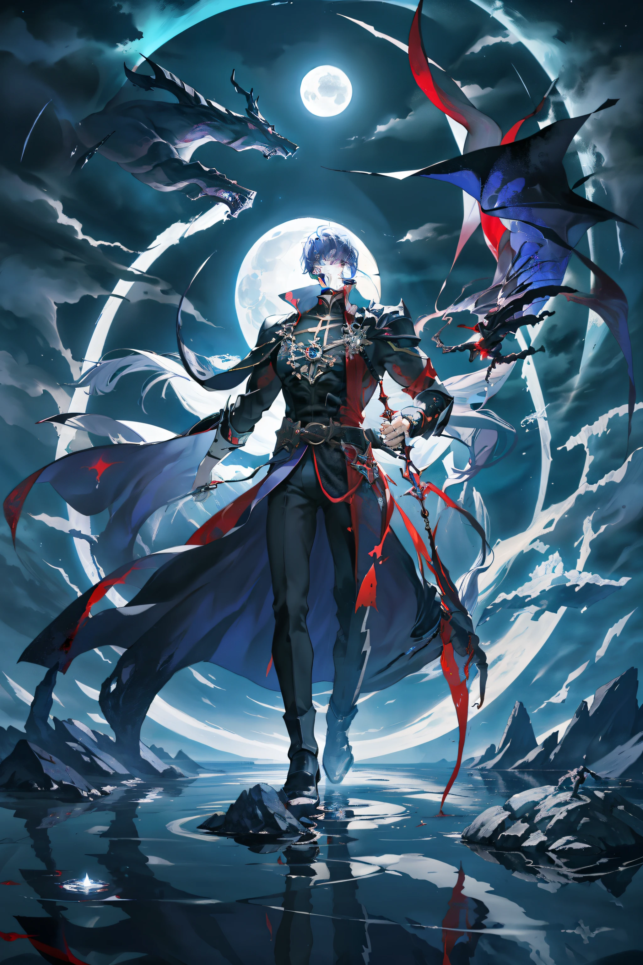 masterpiece, best quality, 1 male, mature, tall muscular guy, Dark theme, Magic circle, bubble, Bright moonlight, Underwater, Reflected mirror, floating piece of Glass, Blood Red moonlight, Bubble Swirling, wind Swirling, Aurora, fantasy scenery, Blood Starlight around the character, (full body), Honkai Star Rail Blade