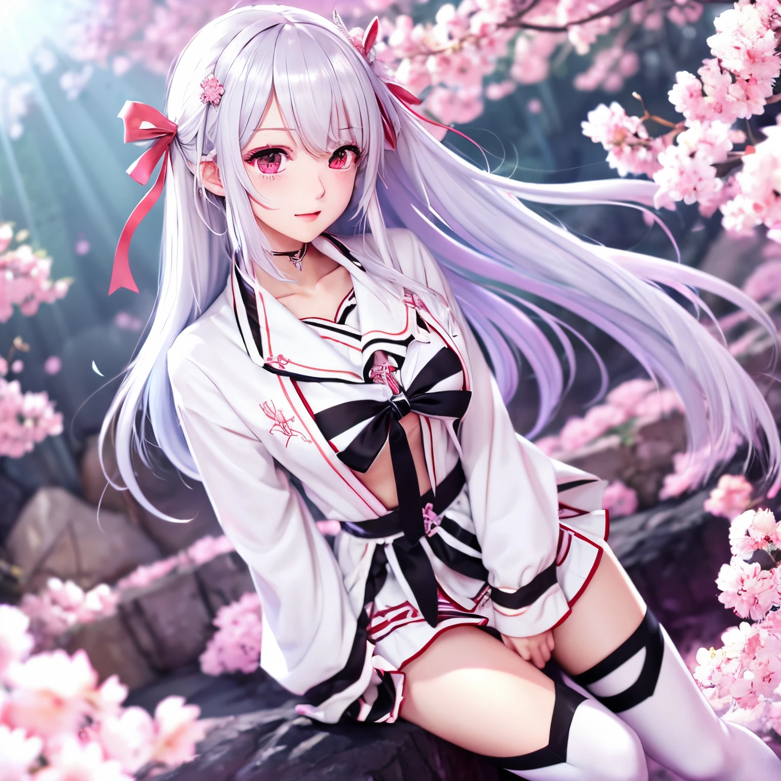 Japan anime-style illustration、huge bust、white hair、length hair、White shirt、Pink Ribbon Tie、Short black skirt、white knee highs、drooping eyes、Red Eyes、Pink cardigan