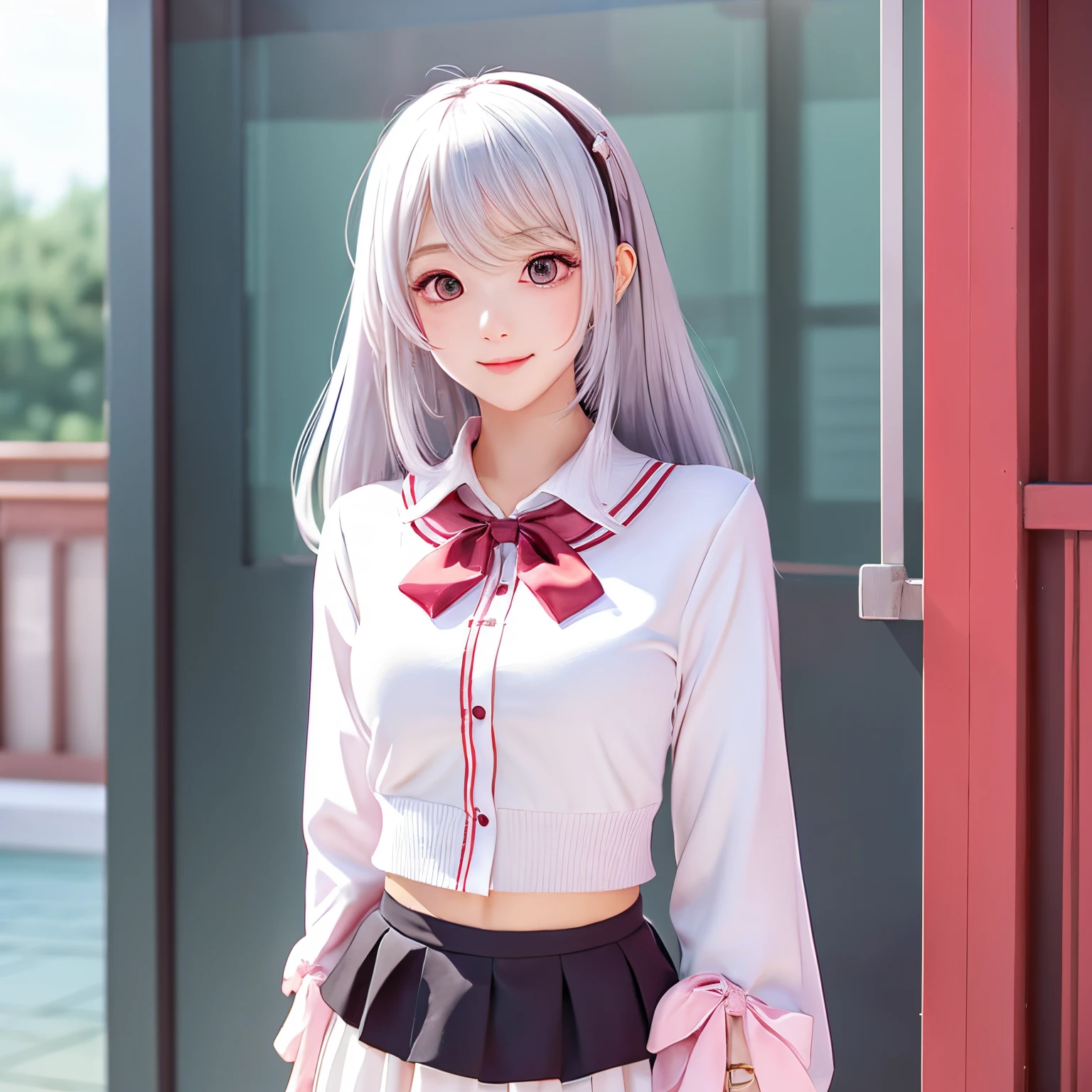 Japan anime-style illustration、huge bust、white hair、length hair、White shirt、Pink Ribbon Tie、Short black skirt、white knee highs、drooping eyes、Red Eyes、Pink cardigan