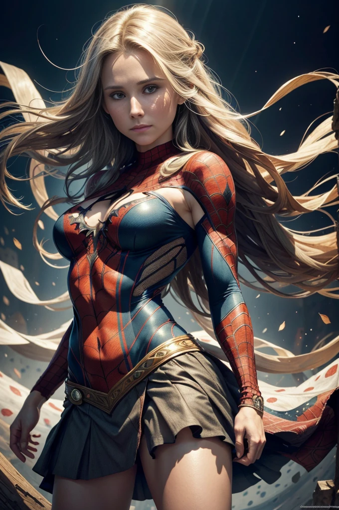 "Kristen Bell, showing her belly button, In New York, wearing a torn spiderman suit, Wearing a skirt, abstract photorealistic, artistic, Alphonse Mucha&#39;Masterpieces of painting, Best Quality, High resolution:1.4), Detailed, Intricate details, 4K, color splashes, line-drawing, Fibonacci, hight resolution, Vibrant colors, with fantasy background, Female features&#39;Flowing hair and dramatic light rays.."