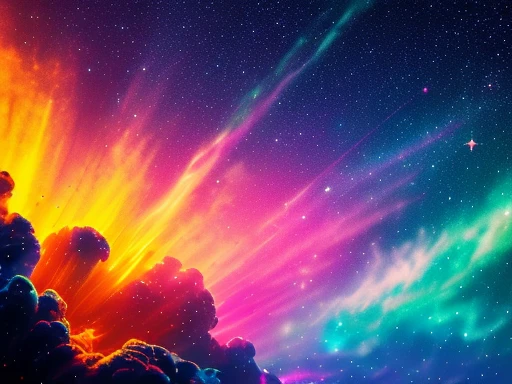 swpunk, synthwave, paint splatters, (extremely detailed 8k wallpaper), an intergalactic nebula on a colorful background of stars, ray tracing, Intricate, High Detail, dramatic, best quality masterpiece, photorealistic, detailed, 8k, HDR, backlighting, bloom, light sparkles, chromatic aberration, sharp focus