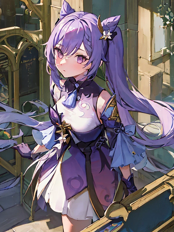 ((masterpiece, best quality)), close-up, straight on, face focus,((1 girl)), {long hair}, ((big breasts)), standing, hair ornamen, gloves, (incredible absurdity), gilded frame, (detailed light),lighting, colorful, layered backgrounds, (gothic architecture), pond, (gorgeous background), dynamic angle, delicate background, (shine),keqing \(genshin impact\),twintail, purple hair