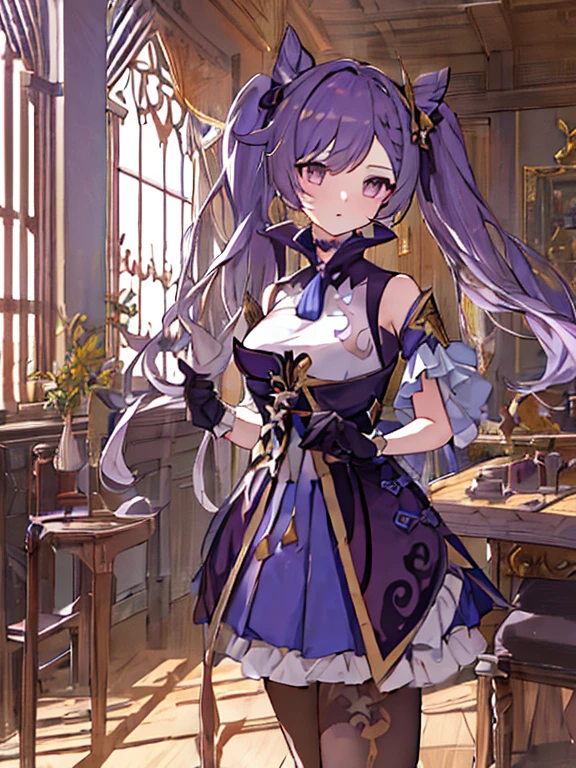 ((masterpiece, best quality)), close-up, straight on, face focus,((1 girl)), {long hair}, ((big breasts)), standing,  hair ornamen, gloves, (incredible absurdity), gilded frame, (detailed light),lighting, colorful, layered backgrounds, (gothic architecture), pond, (gorgeous background), dynamic angle, delicate background, (shine),keqing \(genshin impact\),twintail, purple hair