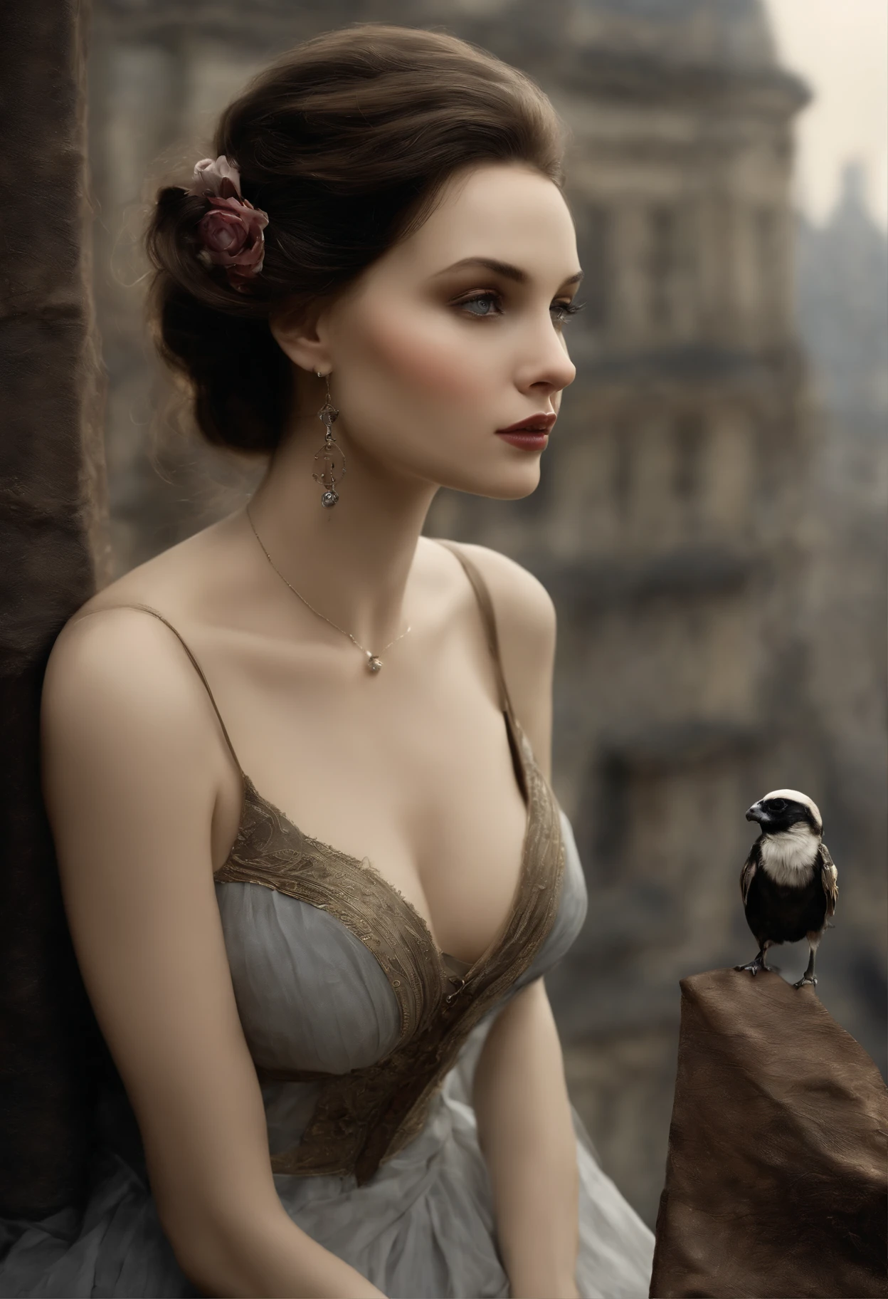 真实感, dark fantasy style, John Tolkien style, Small painting by Jean-Baptiste Monge, Soft facial features, Rocker Girl, Human Hand, Very clear, Without flaws, five fingers, Bright make-up, in a tight short dark leather fitted dress with a cutout, slight excess weight, Average height, dark pink lips, thin lip shape"bow" ,"Cool eyebrows in the shape of Angryburts, light gray eyes, almond-shaped eyes, looking at away, black long wavy hair, large strands of hair fluttering in the wind , pug nose, Human Hand, Very clear, Without flaws, five fingers, ,In a short dark leather fitted dress with a cutout........., Predatory gaze, stands on the balcony, lots of flowers, Morning City, megalopolis, city trail, big house, glass skyscraper Jean-Baptiste Monge, anthropomorphic --ar 2:3 --testp -optimistic;