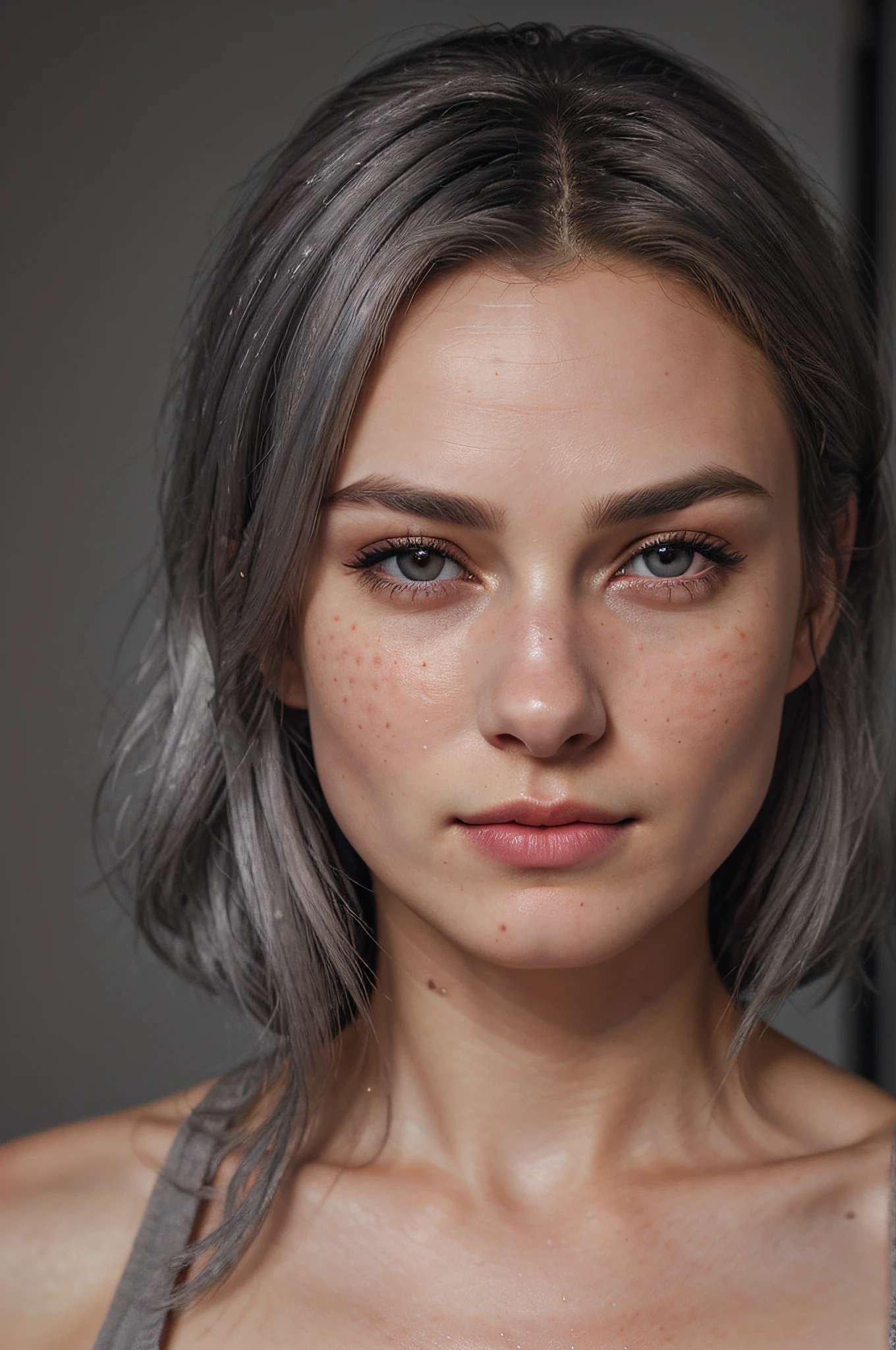 8k, RAW photo, highest quality),(epic realistic:1.5), a beautiful young girl face looking like Kiera Knightley, pink eyes, slim and young face (detailed eyes:0.8),(looking at the camera:1.4), (highest quality), (best shadow),intricate details,cinematic,((skin:1.4)),interior, (medium grey hair:1.3),dark studio,(hdr:1.5),detailed, muted colors, freckles