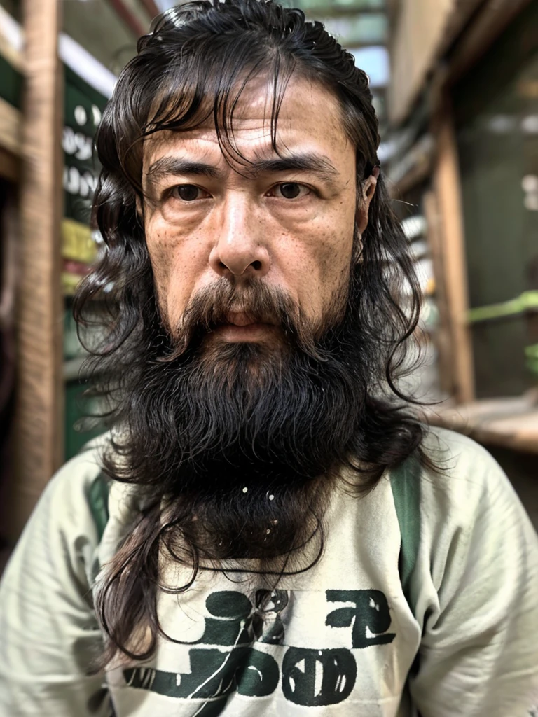 1man,people living on the street々々々,Japanese,50 years old,Slums,Best Quality,tatteredclothing,Close-up photo of the upper body,bushy beard,Unkempt hair,Wrinkled face