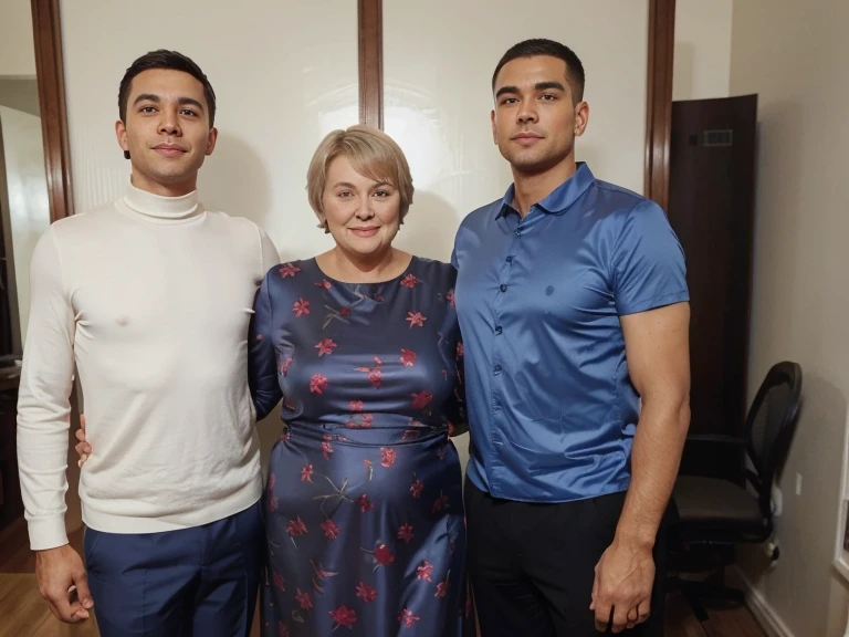 An older woman stands with two men in a room, woman has short hair, heavyset woman, New Year in the room, holiday, The woman, dressed in a beautiful women's dress'gown, man in a formal suit, detailed photo