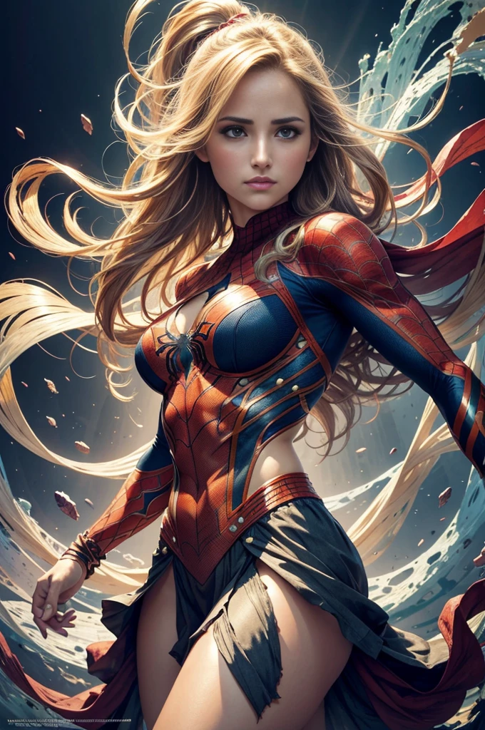 "Dianna Agron, showing her belly button, In New York, wearing a torn spiderman suit, Wearing a skirt, abstract photorealistic, artistic, Alphonse Mucha'Masterpieces of painting, Best Quality, High resolution:1.4), Detailed, Intricate details, 4K, color splashes, line-drawing, Fibonacci, hight resolution, Vibrant colors, with fantasy background, Female features'Flowing hair and dramatic light rays.."