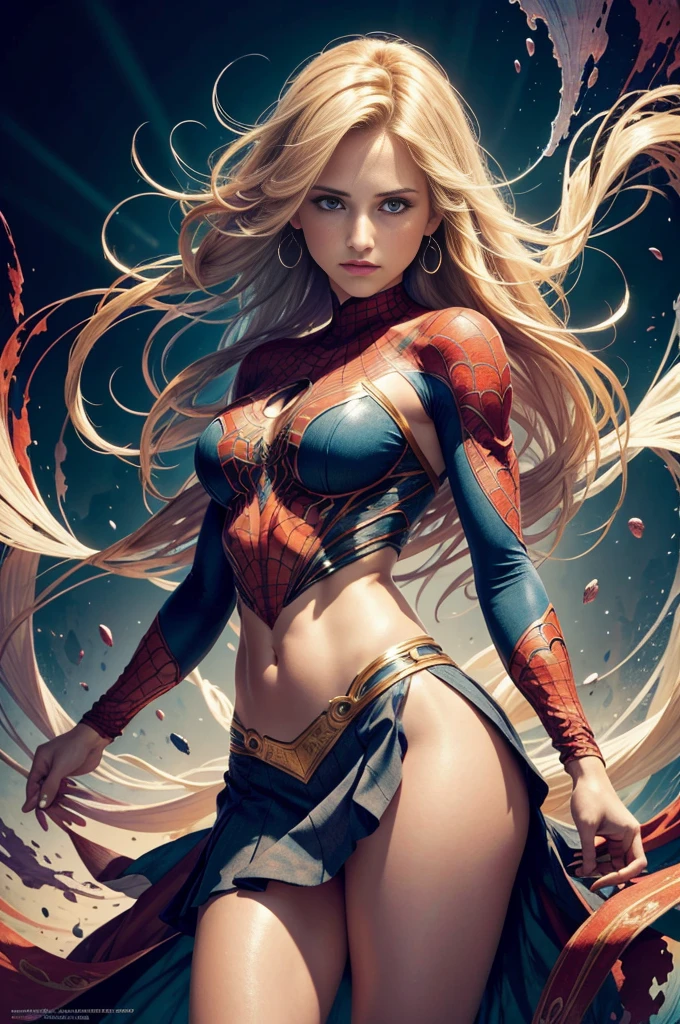"Jennifer Morrison, showing her belly button, In New York, wearing a torn spiderman suit, Wearing a skirt, abstract photorealistic, artistic, Alphonse Mucha'Masterpieces of painting, Best Quality, High resolution:1.4), Detailed, Intricate details, 4K, color splashes, line-drawing, Fibonacci, hight resolution, Vibrant colors, with fantasy background, Female features'Flowing hair and dramatic light rays.."