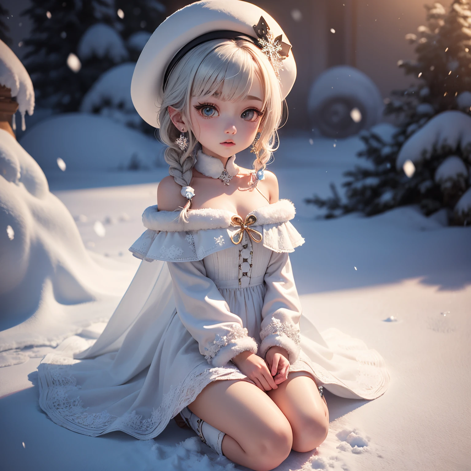 masterpiece、top-quality、ultra-detailliert、(((Chibi 3D))) (Best Quality), (masutepiece)one daughter of:1.5)、white fluffy elegant hat、white fluffy off shoulder dress、Snowflake Earrings、White braided boots、snowflakes falling、Blurring、Snow World、chibi